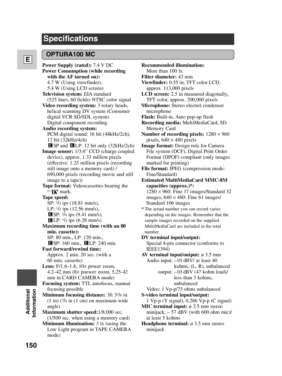 Canon Optura 100 instruction manual Specifications, 150 