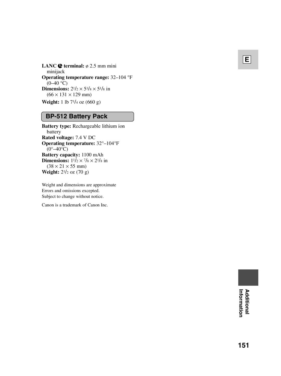 Canon Optura 100 instruction manual 151, BP-512 Battery Pack 