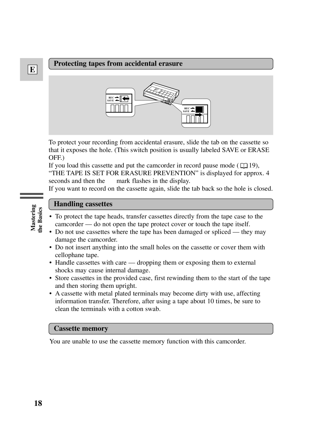 Canon Optura 100 instruction manual Protecting tapes from accidental erasure, Handling cassettes, Cassette memory 