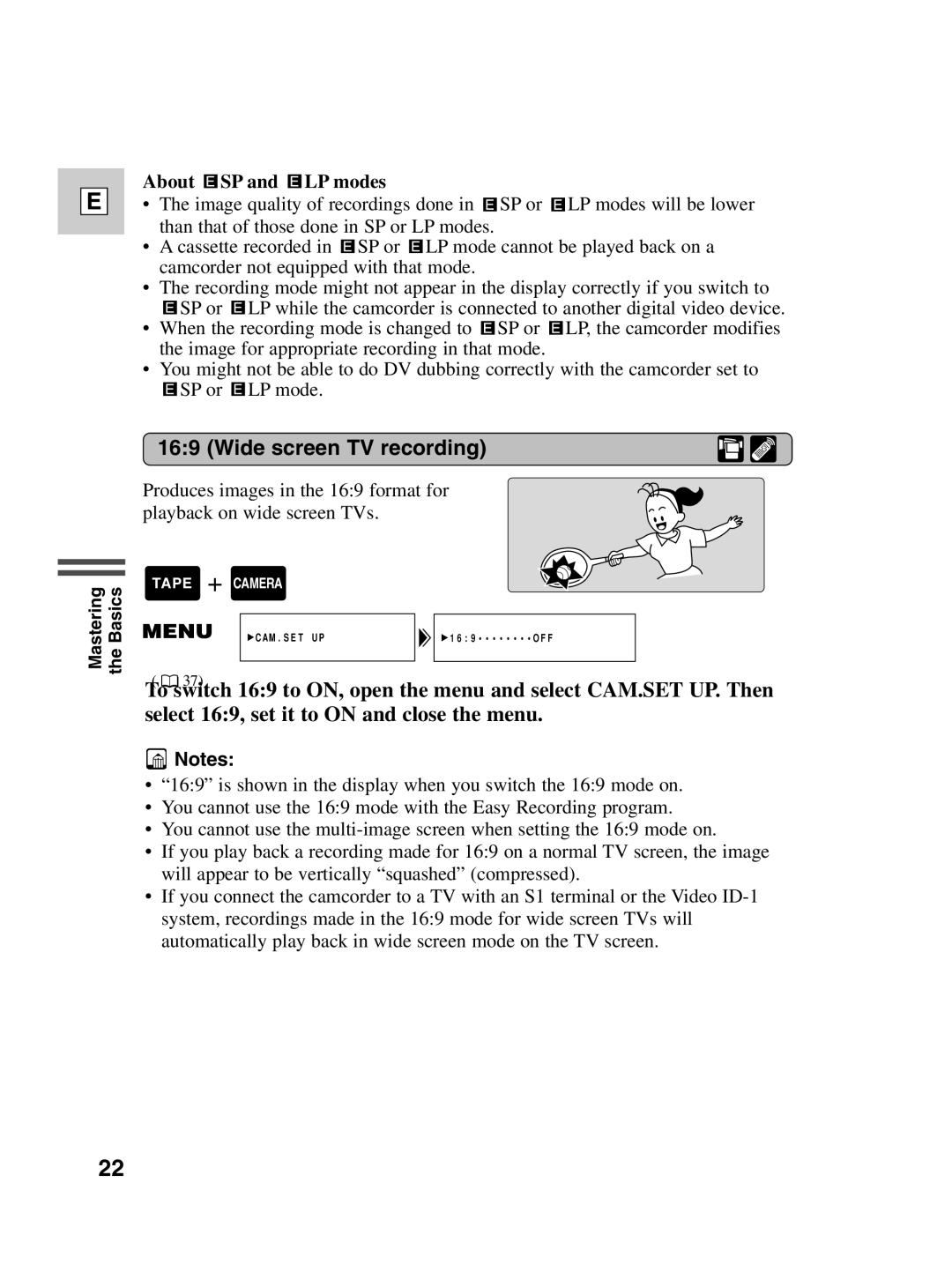 Canon Optura 100 instruction manual Wide screen TV recording, About SP and LP modes 