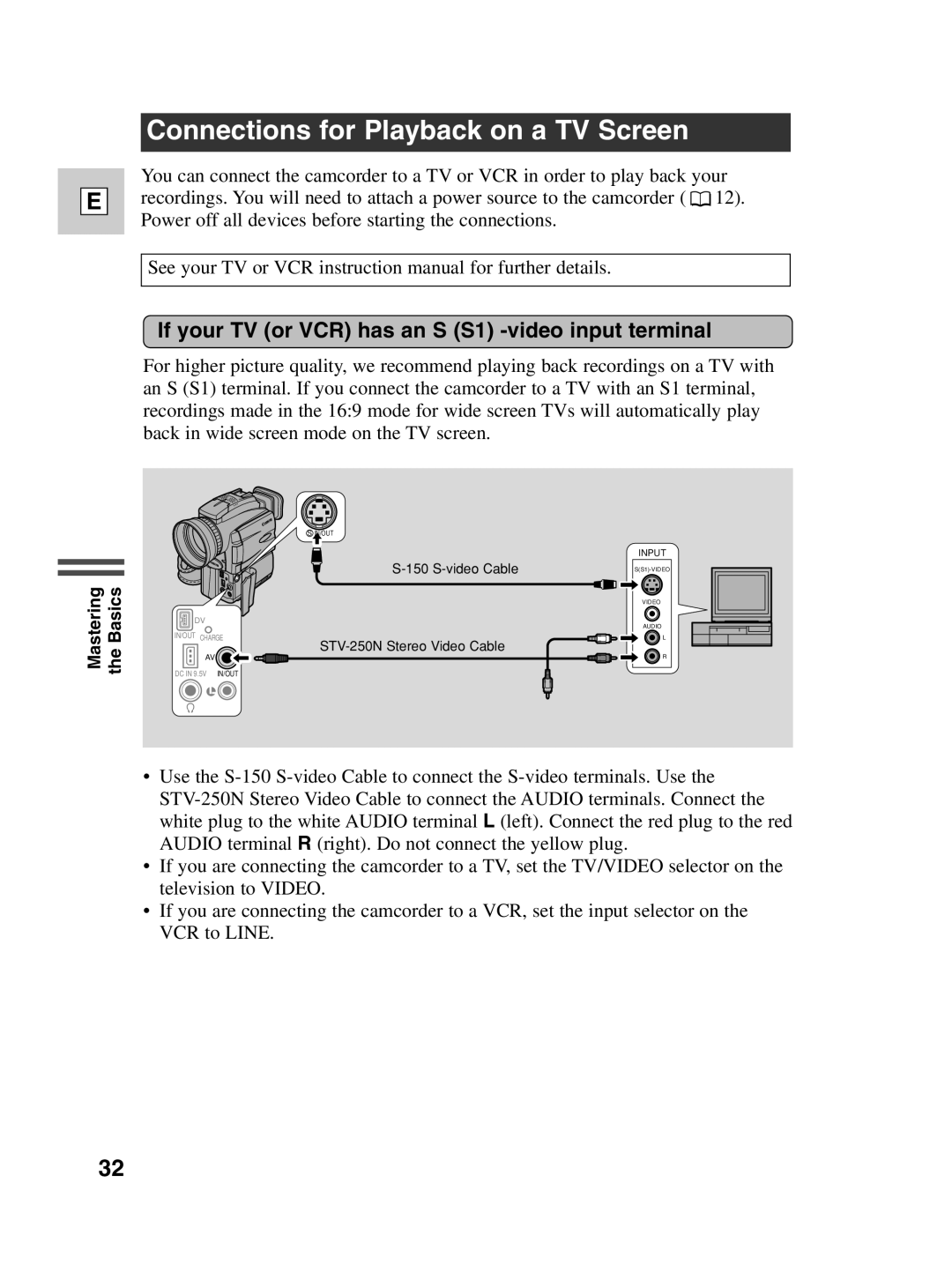 Canon Optura 100 Connections for Playback on a TV Screen, If your TV or VCR has an S S1 -video input terminal 