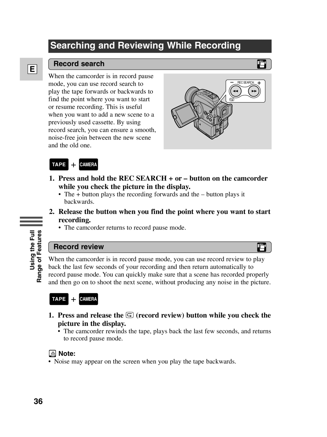 Canon Optura 100 instruction manual Searching and Reviewing While Recording, Record search, Record review 