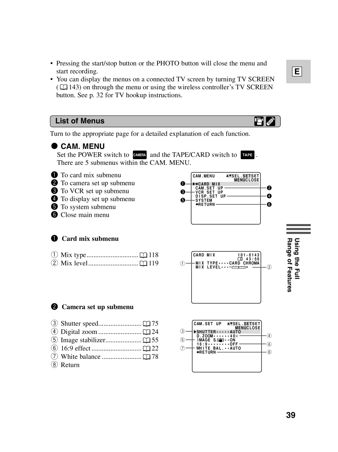 Canon Optura 100 instruction manual List of Menus 