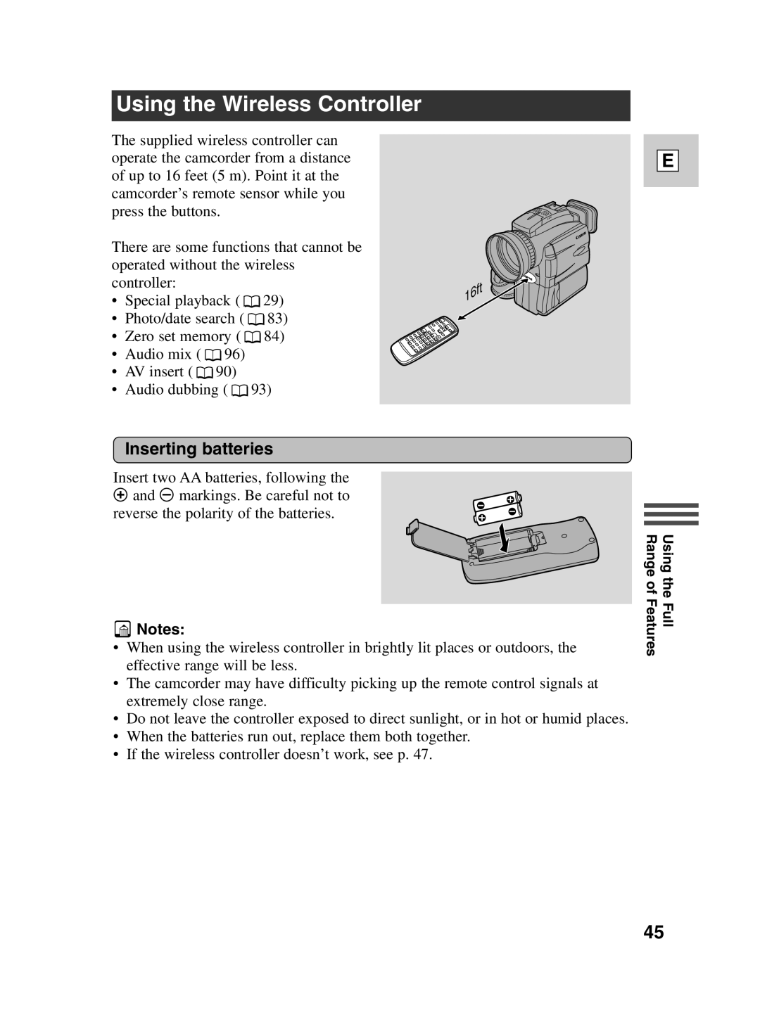 Canon Optura 100 instruction manual Using the Wireless Controller, Inserting batteries 