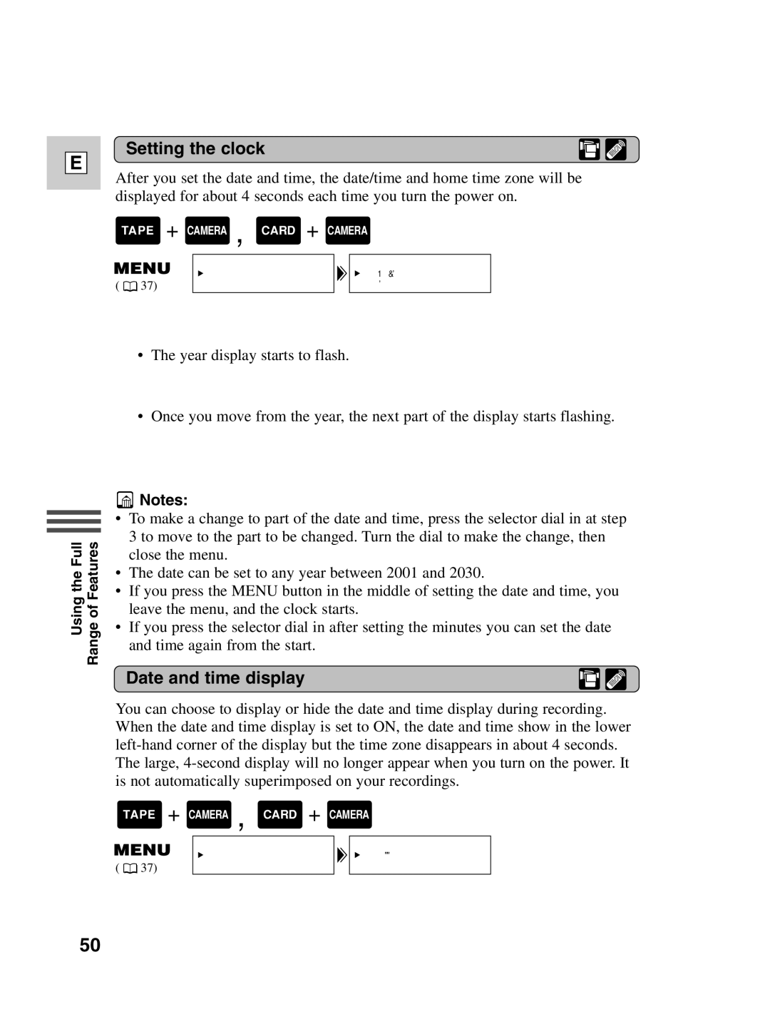 Canon Optura 100 Setting the clock, Open the menu and select System Select D/TIME SET, Date and time display 