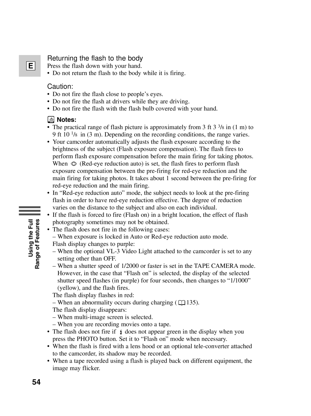 Canon Optura 100 instruction manual Returning the flash to the body 