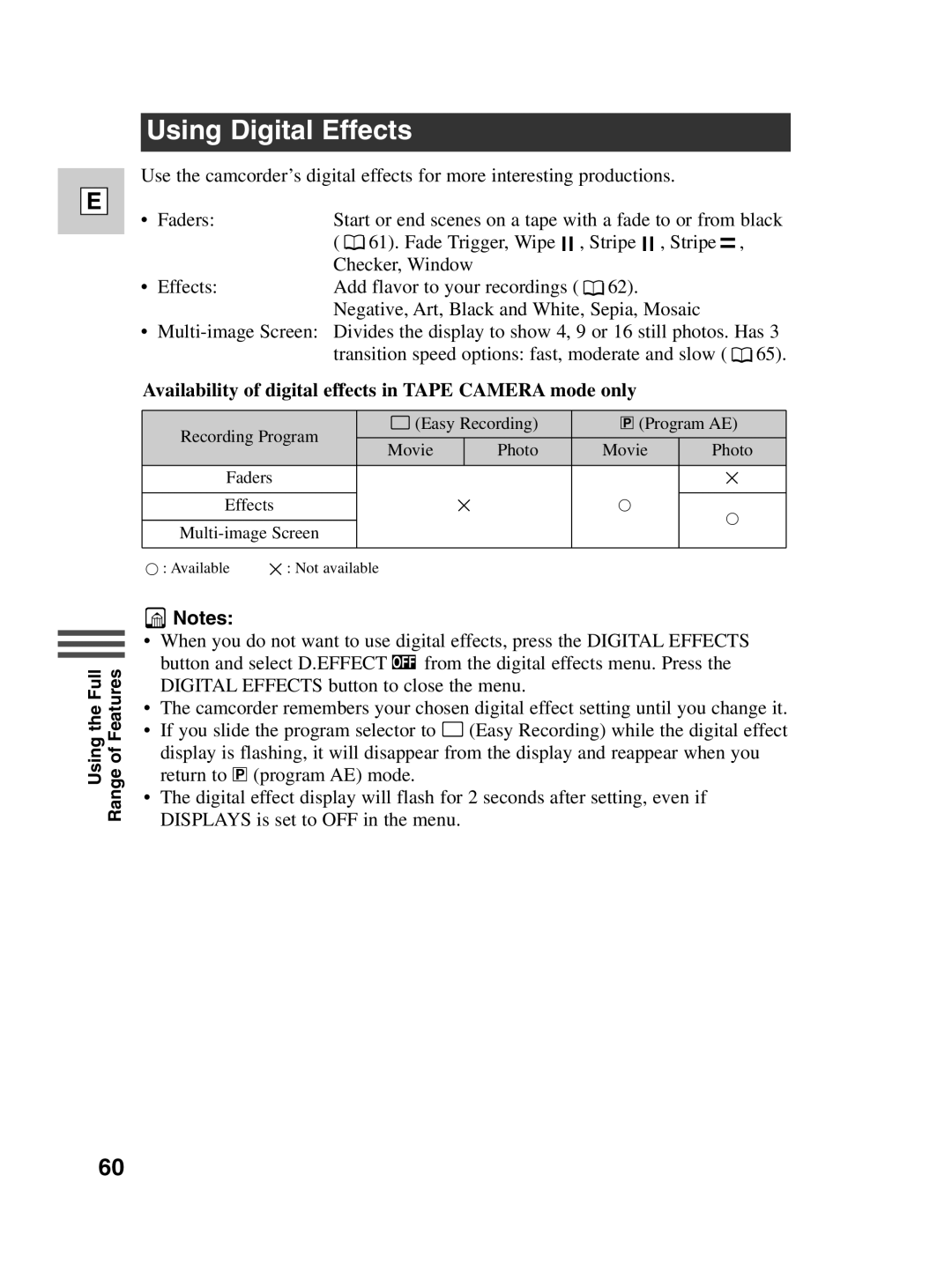 Canon Optura 100 instruction manual Using Digital Effects, Availability of digital effects in Tape Camera mode only 