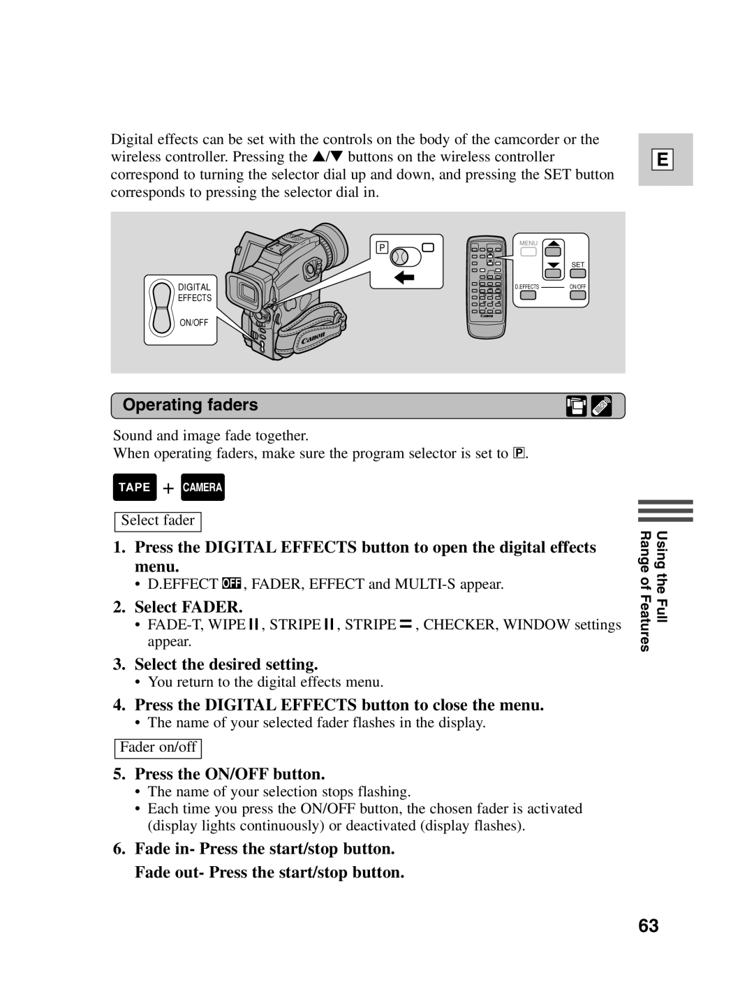 Canon Optura 100 instruction manual Operating faders, Select Fader, Select the desired setting, Press the ON/OFF button 