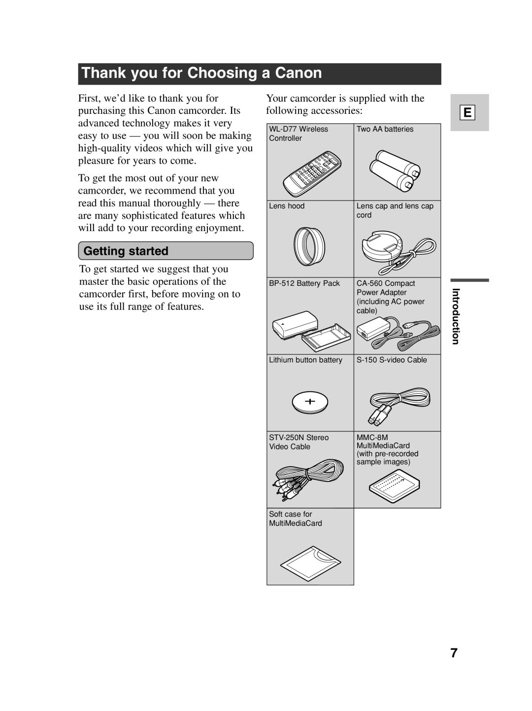 Canon Optura 100 instruction manual Thank you for Choosing a Canon, Getting started 