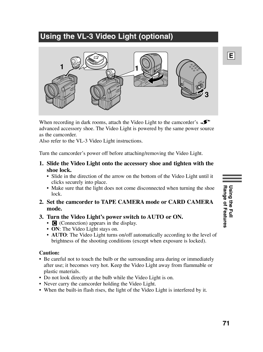 Canon Optura 100 instruction manual Using the VL-3 Video Light optional 