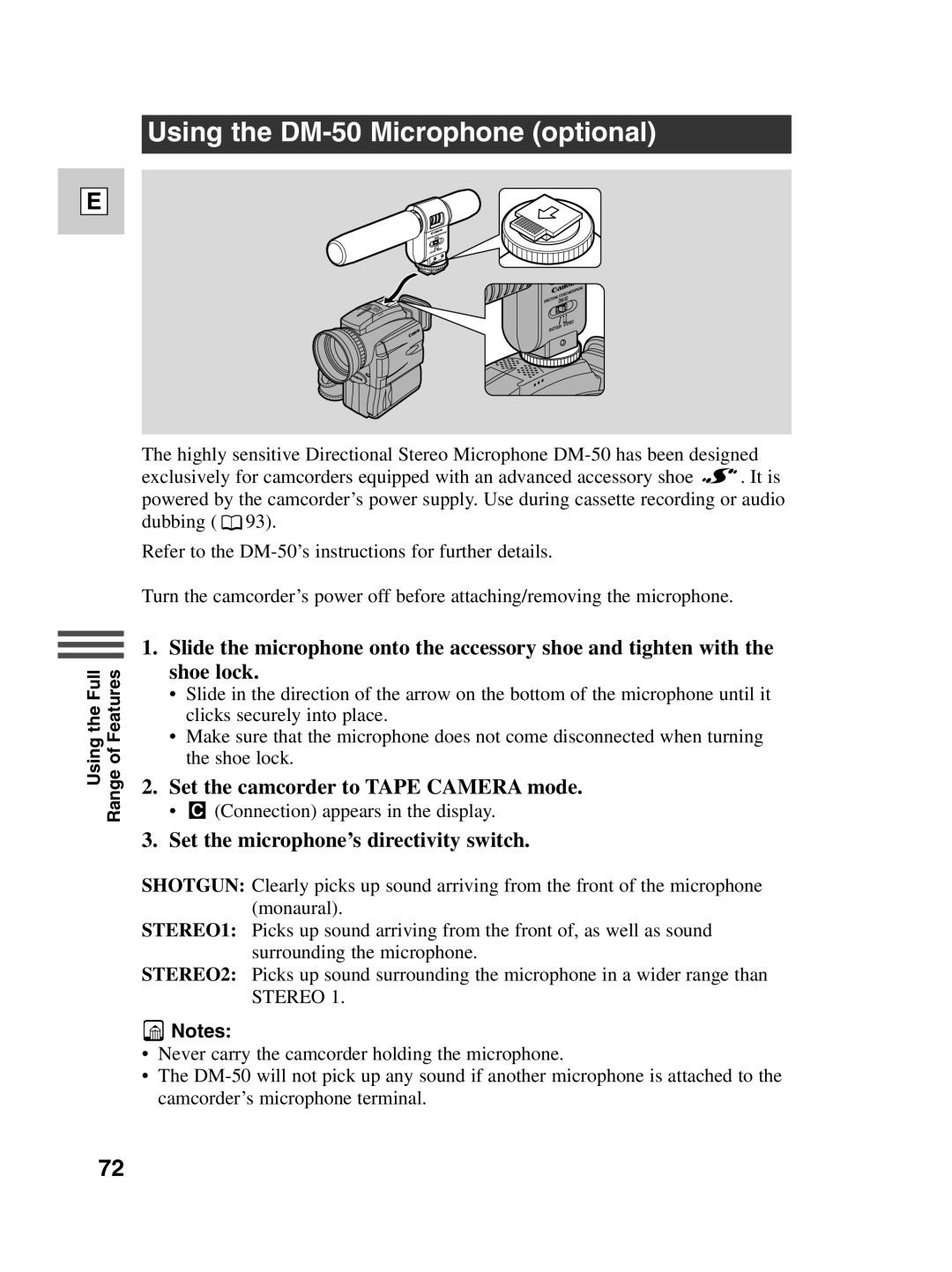 Canon Optura 100 instruction manual Using the DM-50 Microphone optional, Set the camcorder to Tape Camera mode 