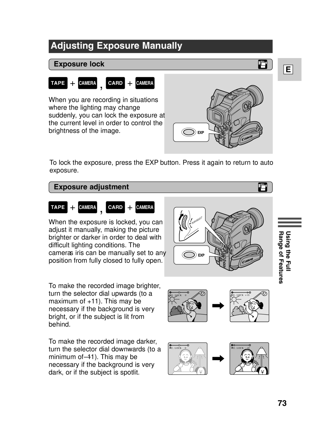 Canon Optura 100 instruction manual Adjusting Exposure Manually, Exposure lock, Exposure adjustment 