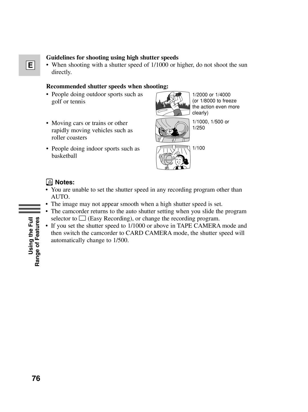 Canon Optura 100 Guidelines for shooting using high shutter speeds, Recommended shutter speeds when shooting 