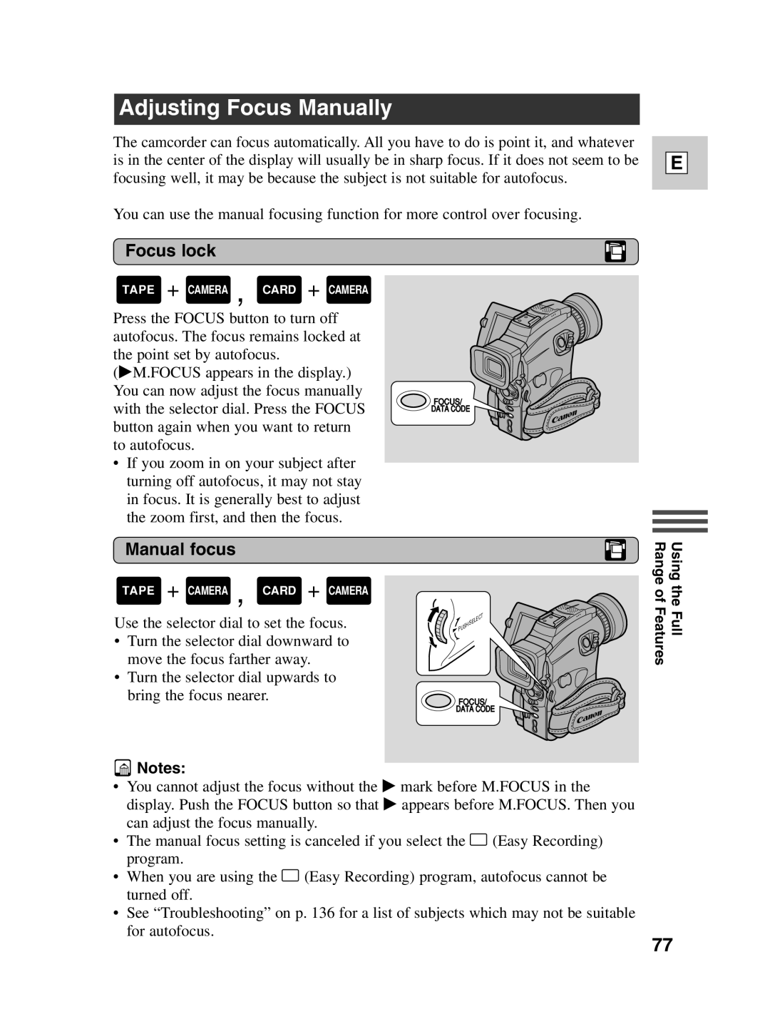 Canon Optura 100 instruction manual Adjusting Focus Manually, Focus lock, Manual focus 