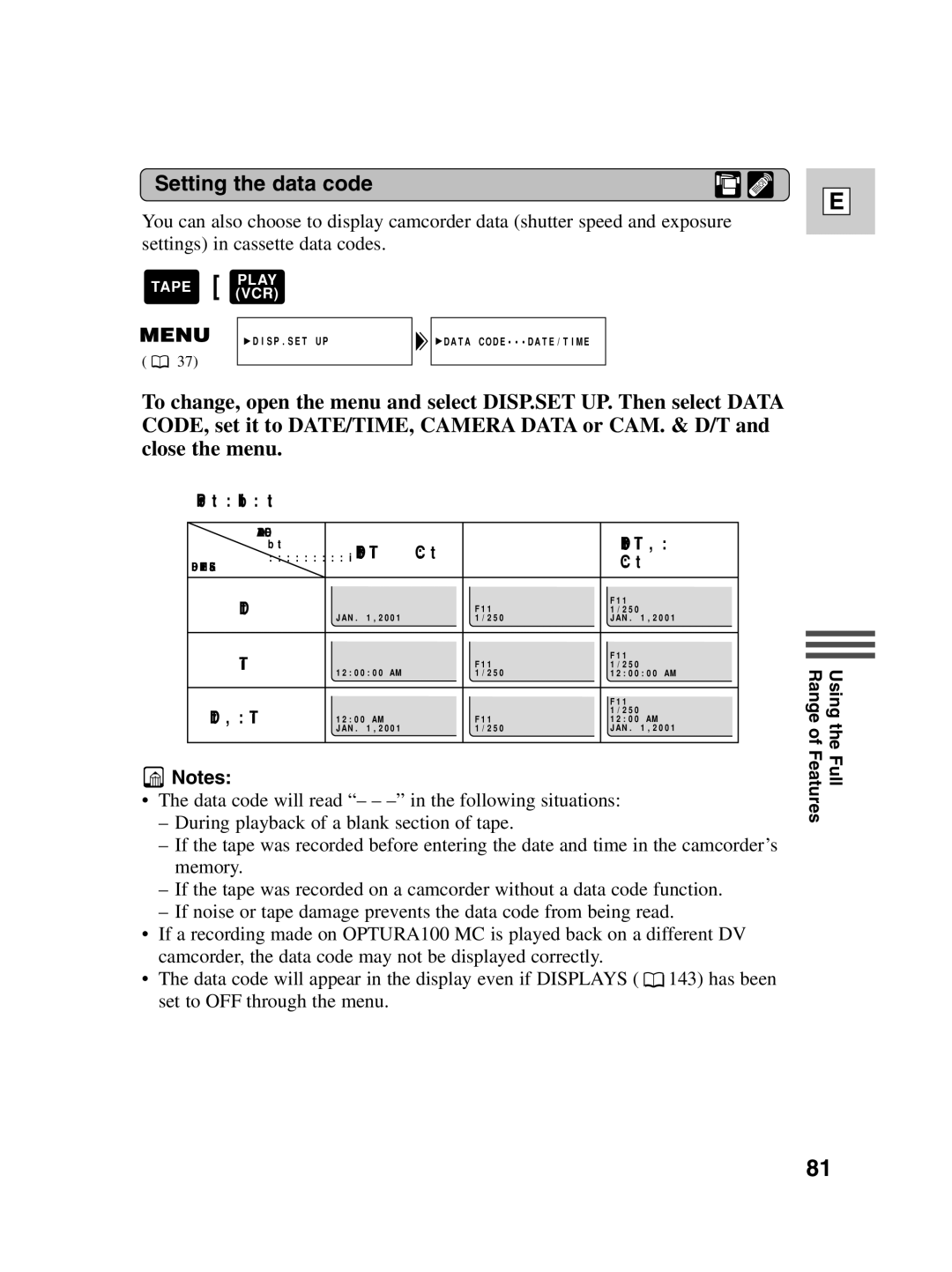 Canon Optura 100 instruction manual Setting the data code, Date 