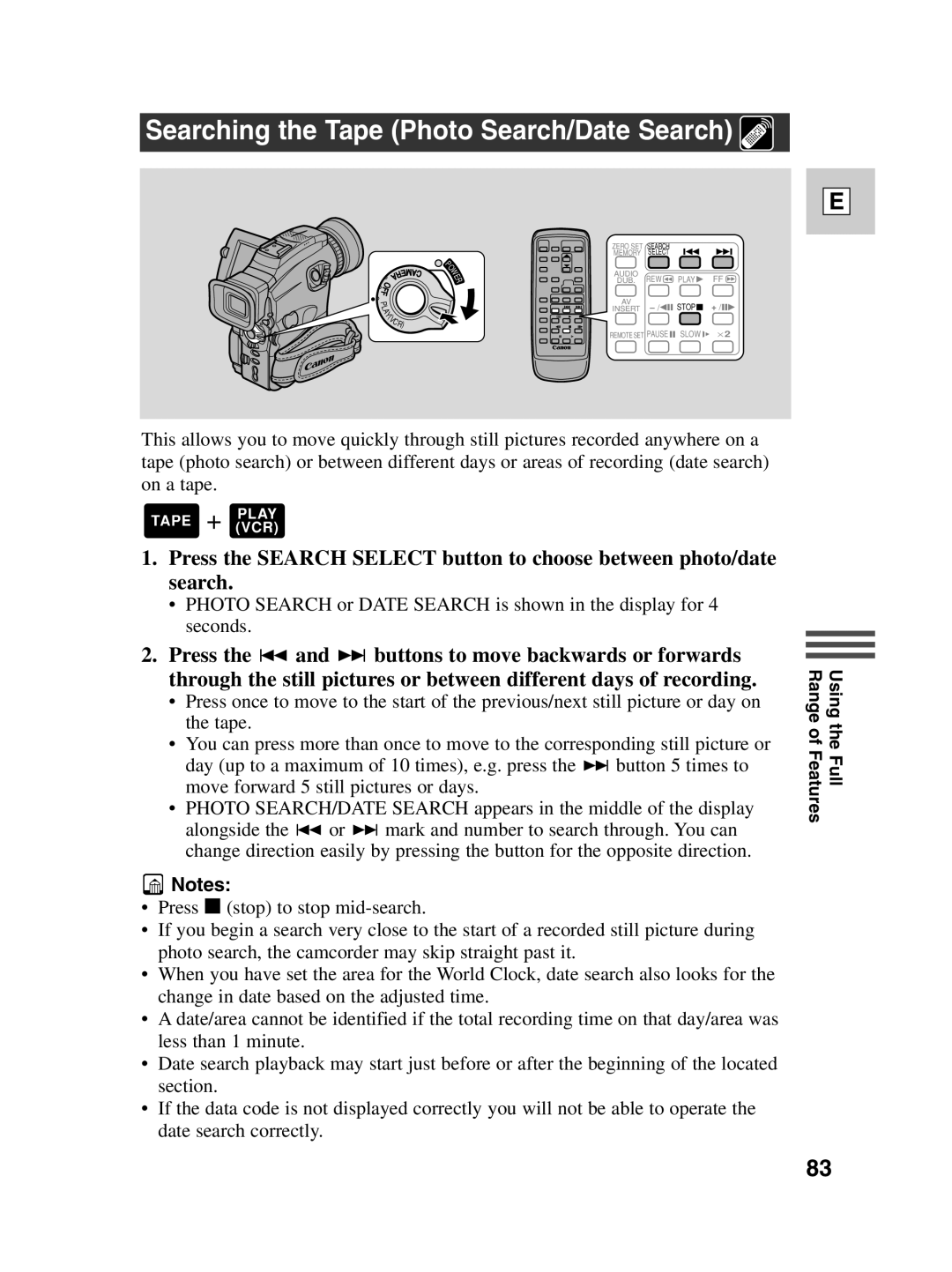 Canon Optura 100 instruction manual Searching the Tape Photo Search/Date Search 