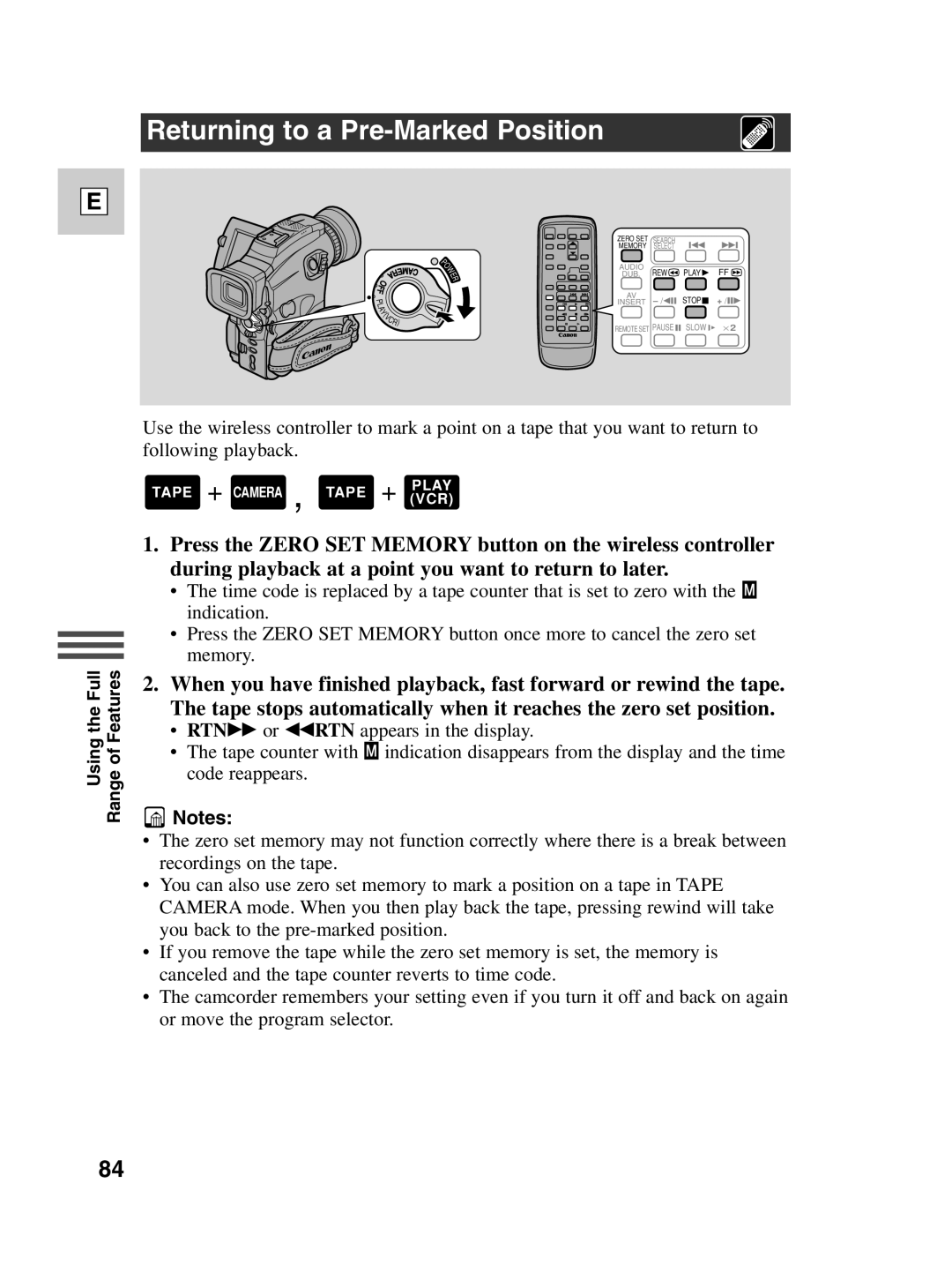 Canon Optura 100 instruction manual Returning to a Pre-Marked Position 