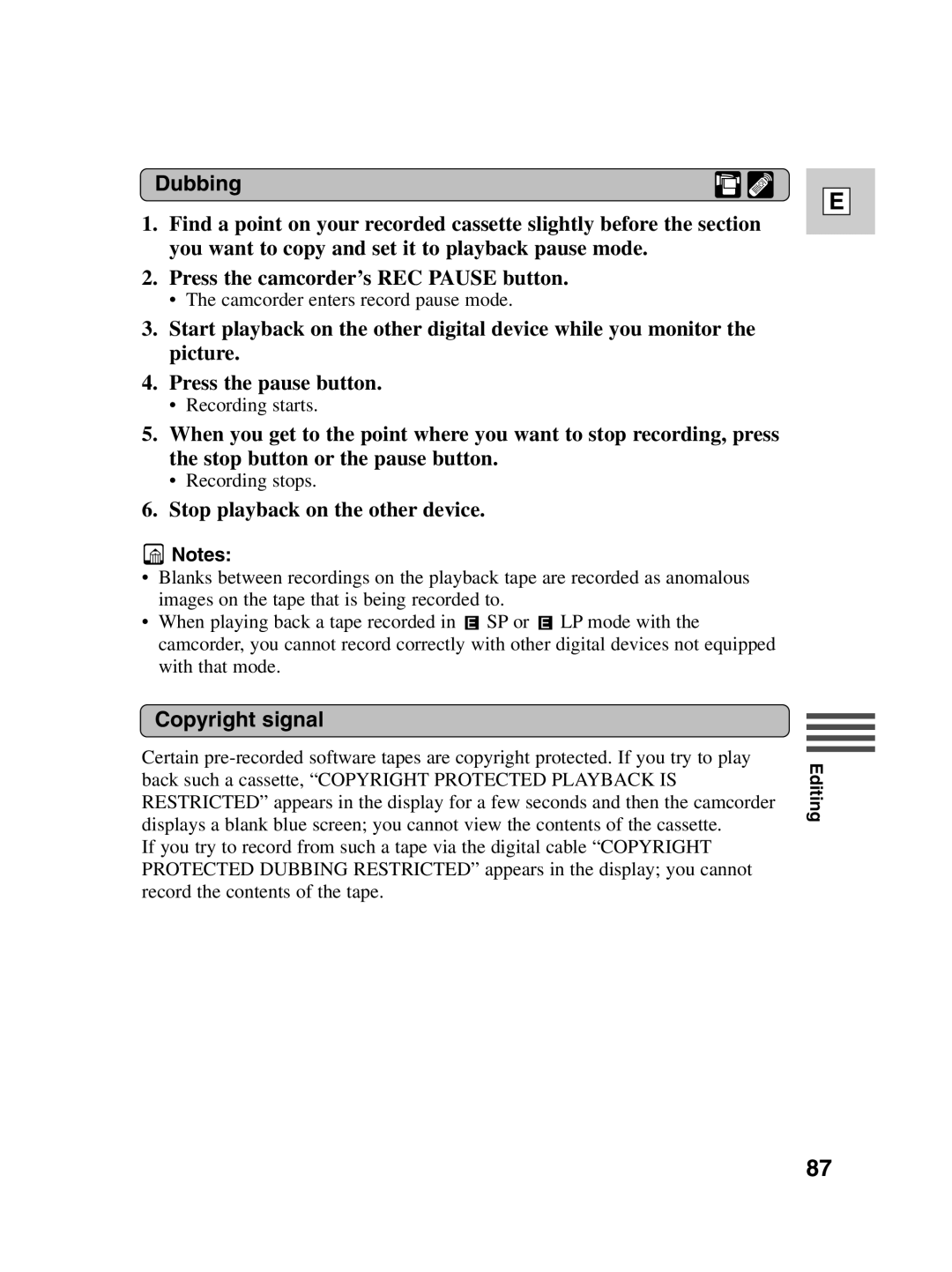 Canon Optura 100 instruction manual Dubbing, Stop playback on the other device, Copyright signal 