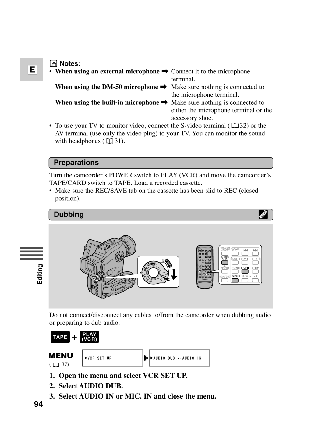 Canon Optura 100 instruction manual VCR SET UP Audio DUB.AUDIO 