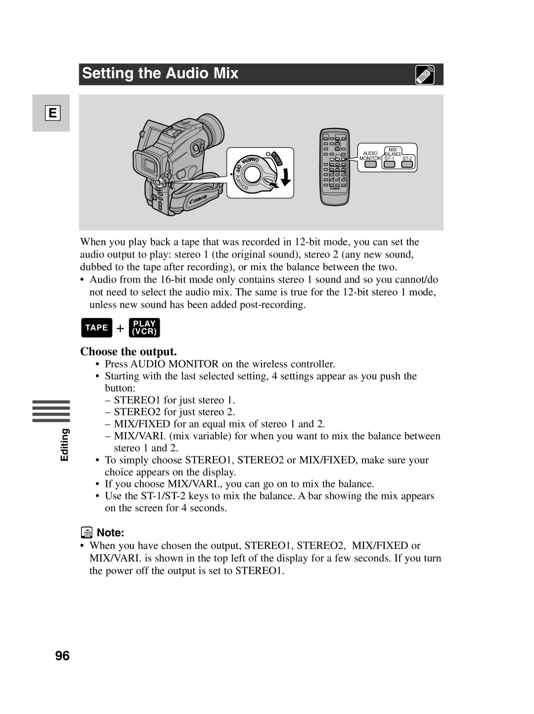 Canon Optura 100 instruction manual Setting the Audio Mix, Choose the output 