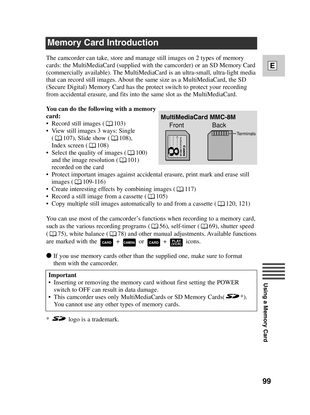 Canon Optura 100 instruction manual Memory Card Introduction, You can do the following with a memory Card 