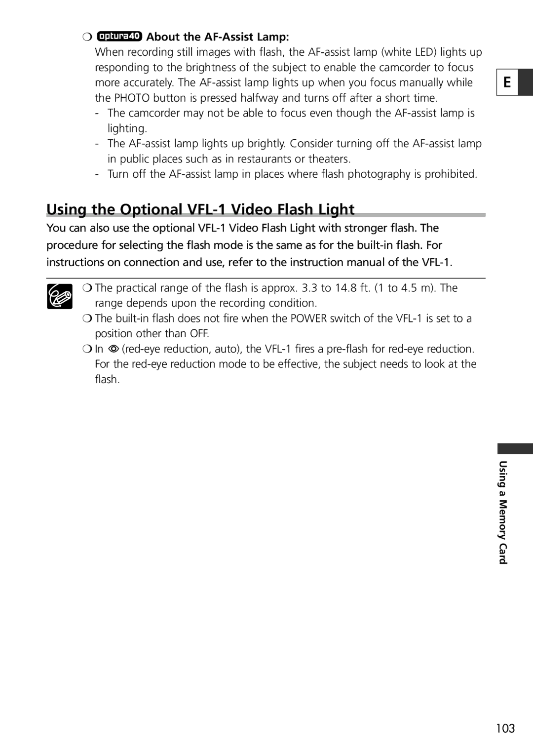 Canon 9545A001AA, OPTURA40 instruction manual Using the Optional VFL-1 Video Flash Light, About the AF-Assist Lamp 