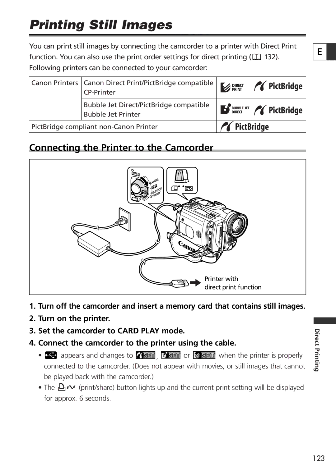 Canon 9545A001AA, OPTURA40 instruction manual Printing Still Images, Connecting the Printer to the Camcorder 