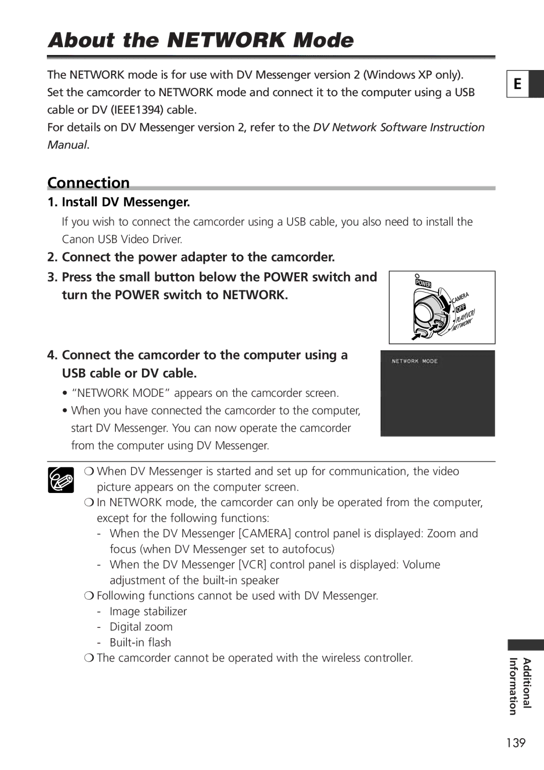 Canon 9545A001AA, OPTURA40 instruction manual About the Network Mode, Connection, Install DV Messenger 