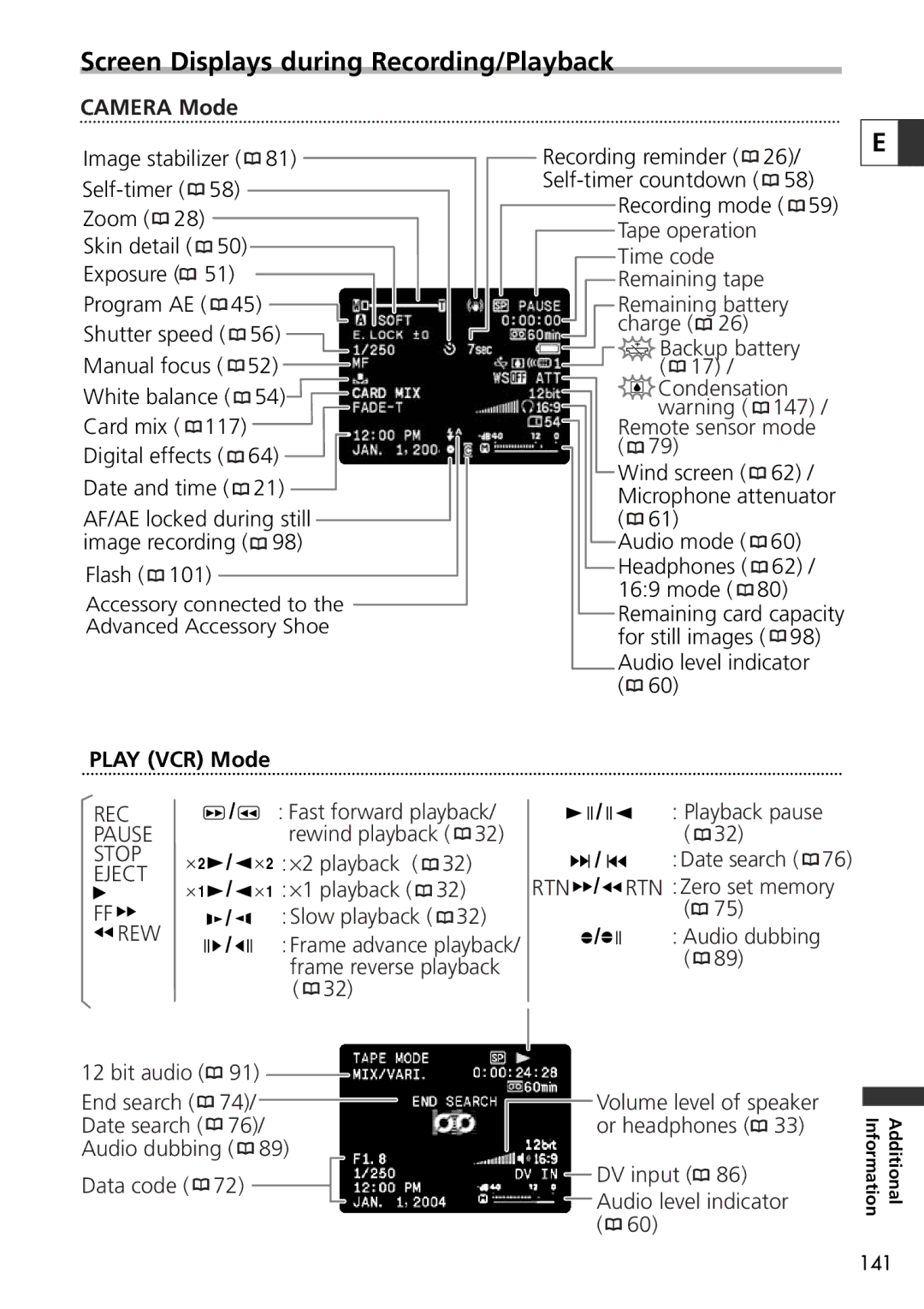 Canon 9545A001AA, OPTURA40 instruction manual Screen Displays during Recording/Playback, Camera Mode, Play VCR Mode 