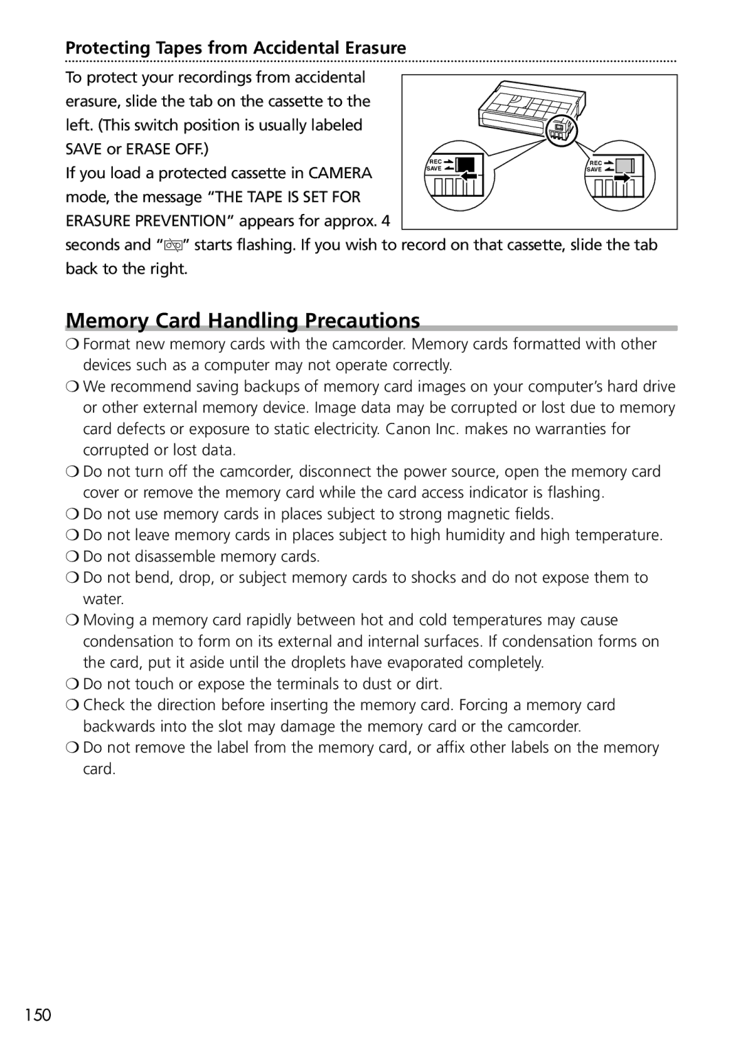 Canon OPTURA40, 9545A001AA instruction manual Memory Card Handling Precautions 