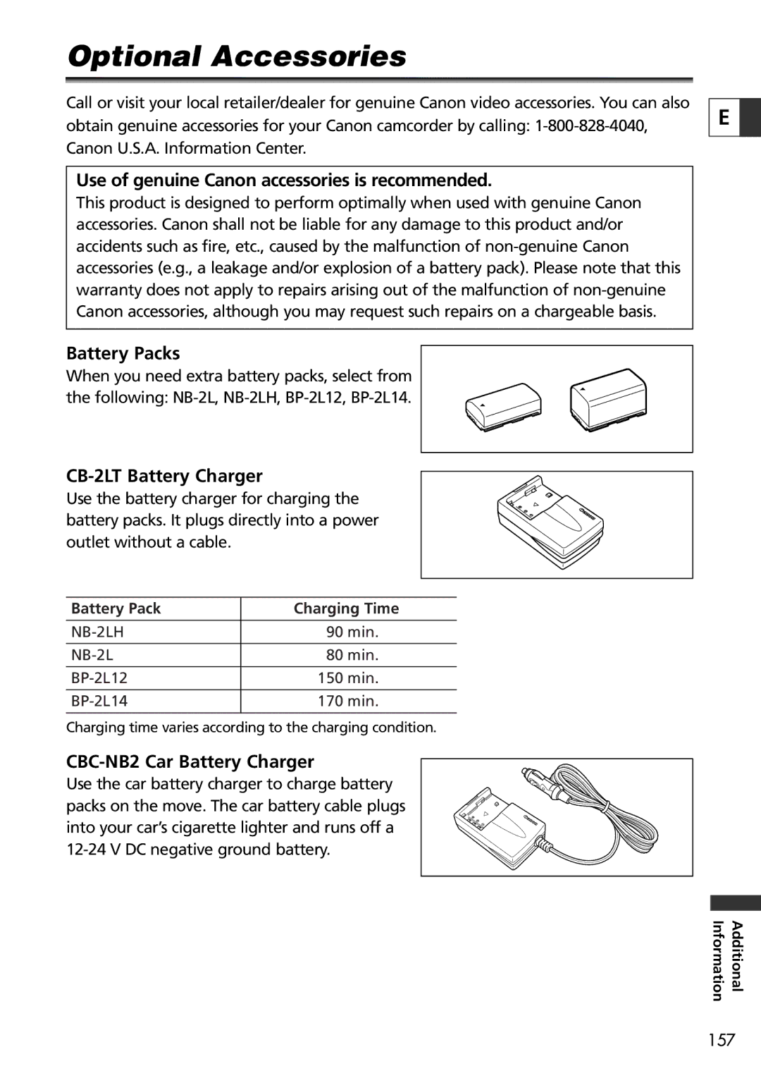 Canon 9545A001AA, OPTURA40 Optional Accessories, Use of genuine Canon accessories is recommended, Battery Packs 