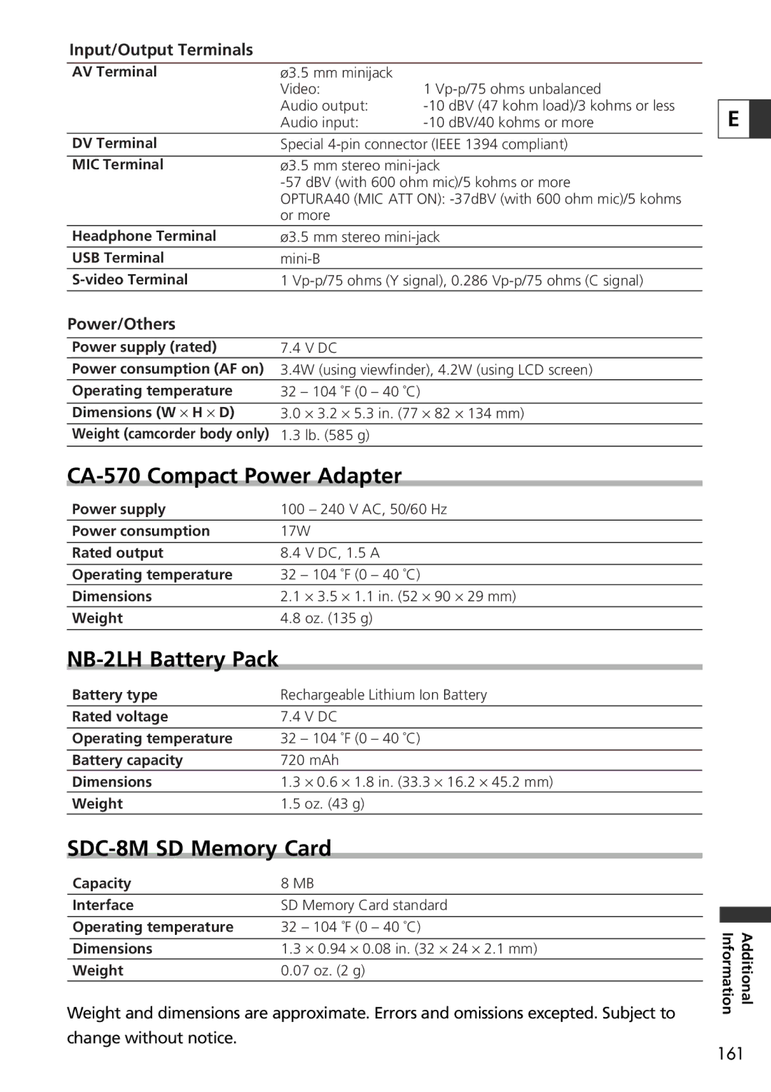 Canon 9545A001AA, OPTURA40 instruction manual CA-570 Compact Power Adapter, NB-2LH Battery Pack, SDC-8M SD Memory Card 