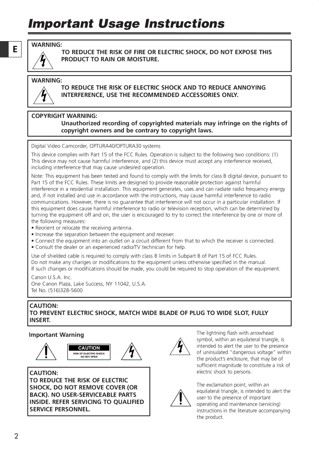 Canon OPTURA40, 9545A001AA instruction manual Important Usage Instructions, Copyright Warning 