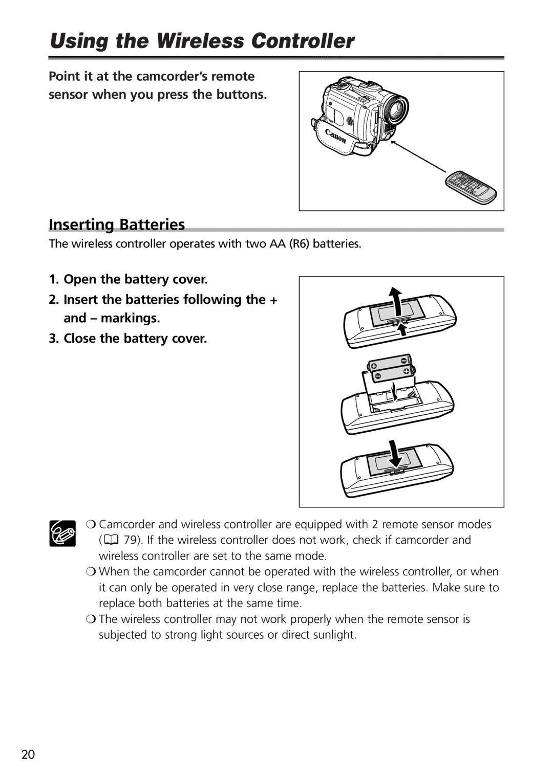 Canon OPTURA40, 9545A001AA instruction manual Using the Wireless Controller, Inserting Batteries 