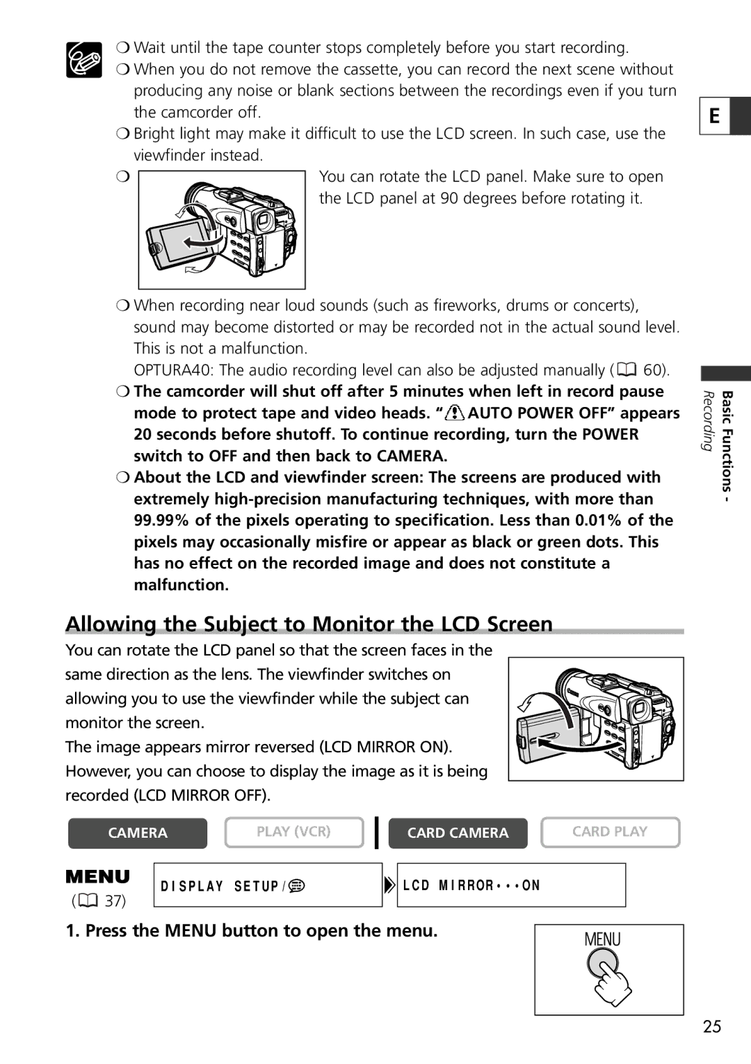 Canon 9545A001AA, OPTURA40 Allowing the Subject to Monitor the LCD Screen, Press the Menu button to open the menu 