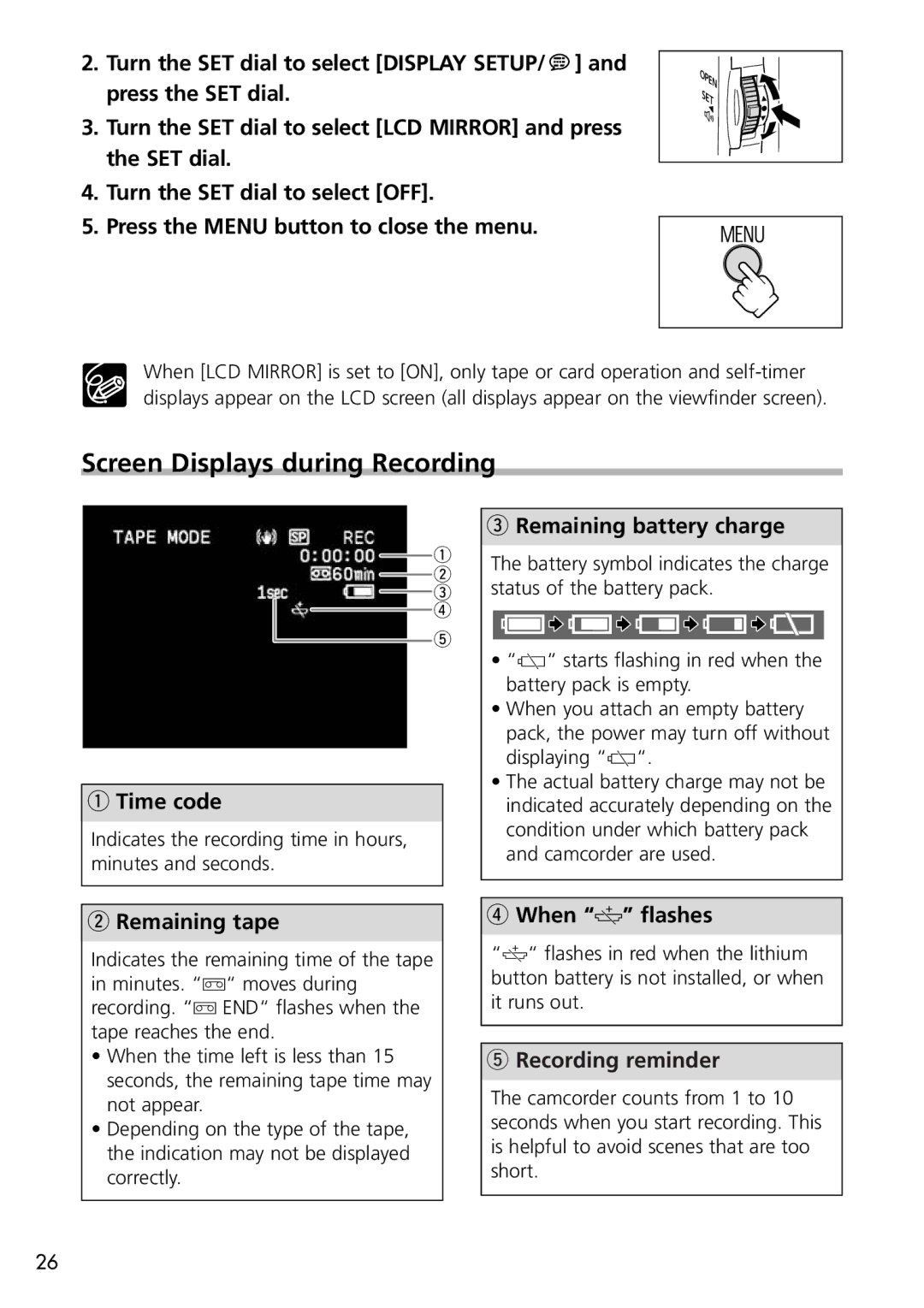 Canon OPTURA40, 9545A001AA instruction manual Screen Displays during Recording, Recording reminder 