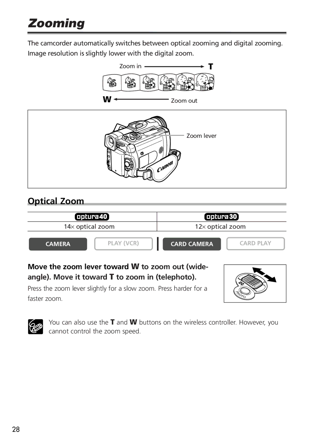 Canon OPTURA40, 9545A001AA instruction manual Zooming, Optical Zoom 