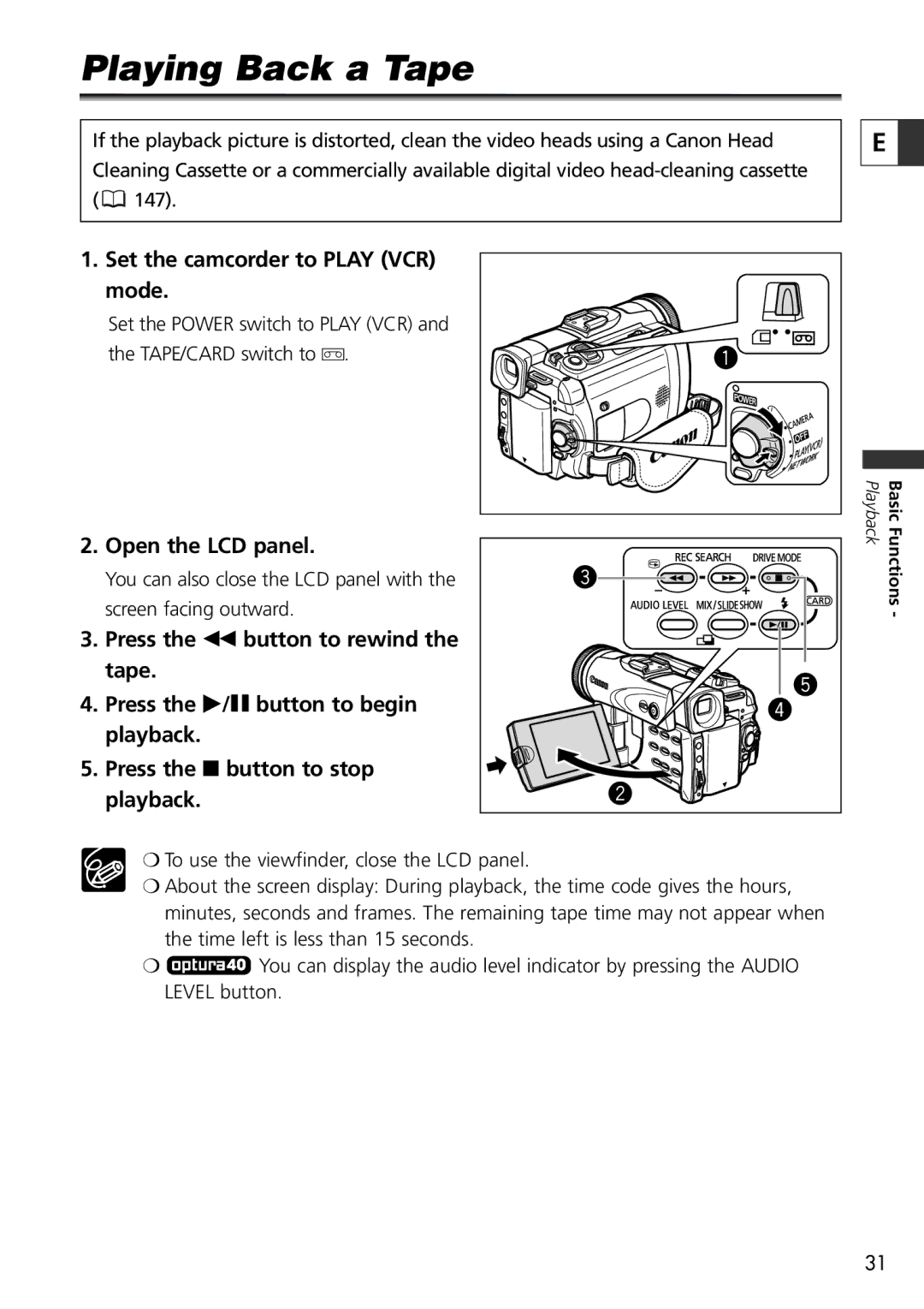 Canon 9545A001AA, OPTURA40 instruction manual Playing Back a Tape, Set the camcorder to Play VCR mode, Open the LCD panel 