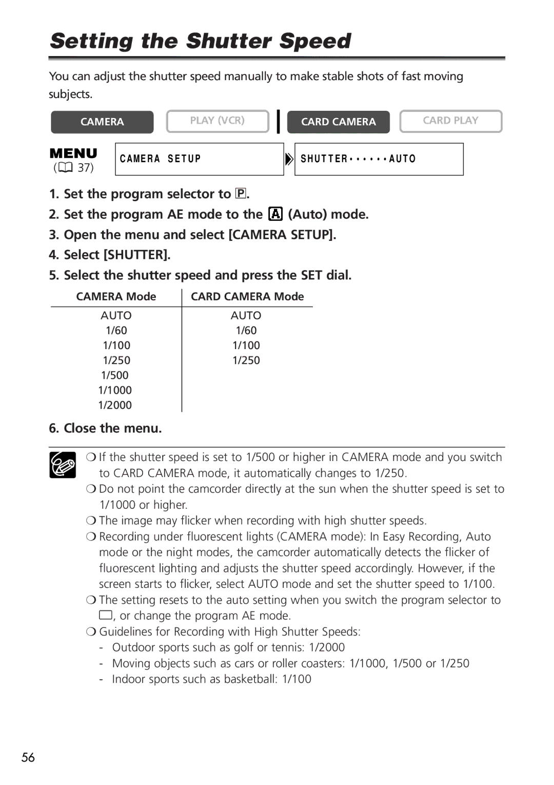 Canon OPTURA40, 9545A001AA instruction manual Setting the Shutter Speed, Close the menu 