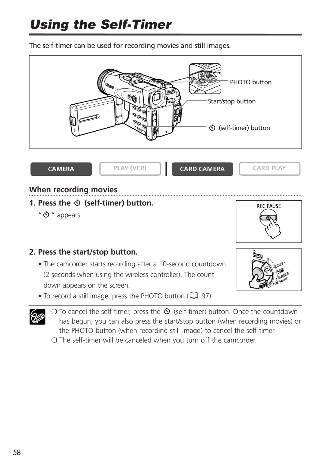 Canon OPTURA40 Using the Self-Timer, When recording movies Press the self-timer button, Press the start/stop button 