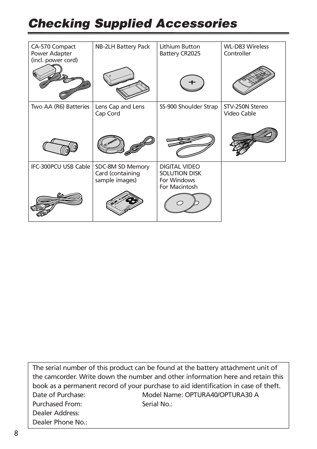 Canon OPTURA40, 9545A001AA instruction manual Checking Supplied Accessories 