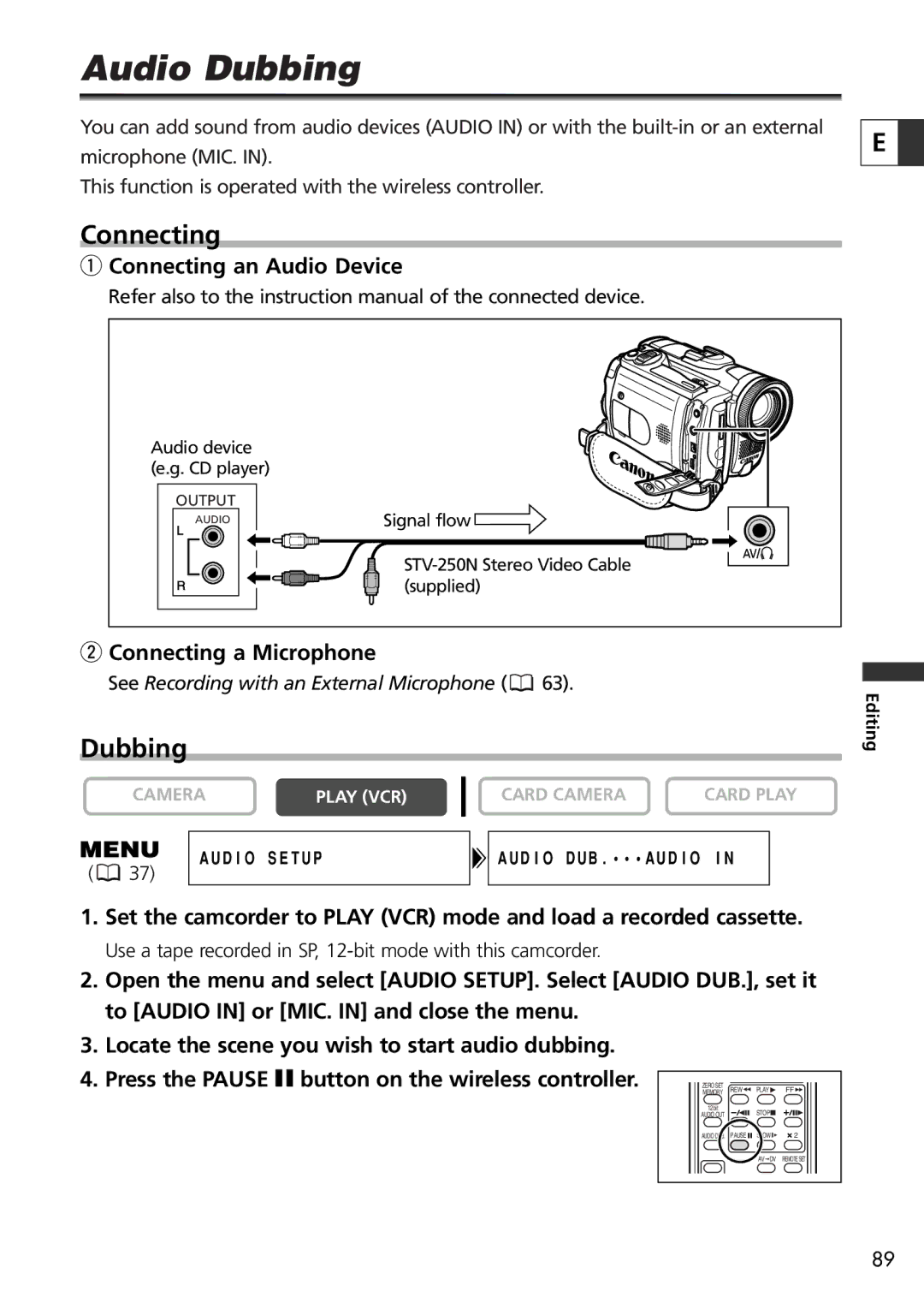 Canon 9545A001AA, OPTURA40 instruction manual Audio Dubbing, Connecting an Audio Device, Connecting a Microphone 