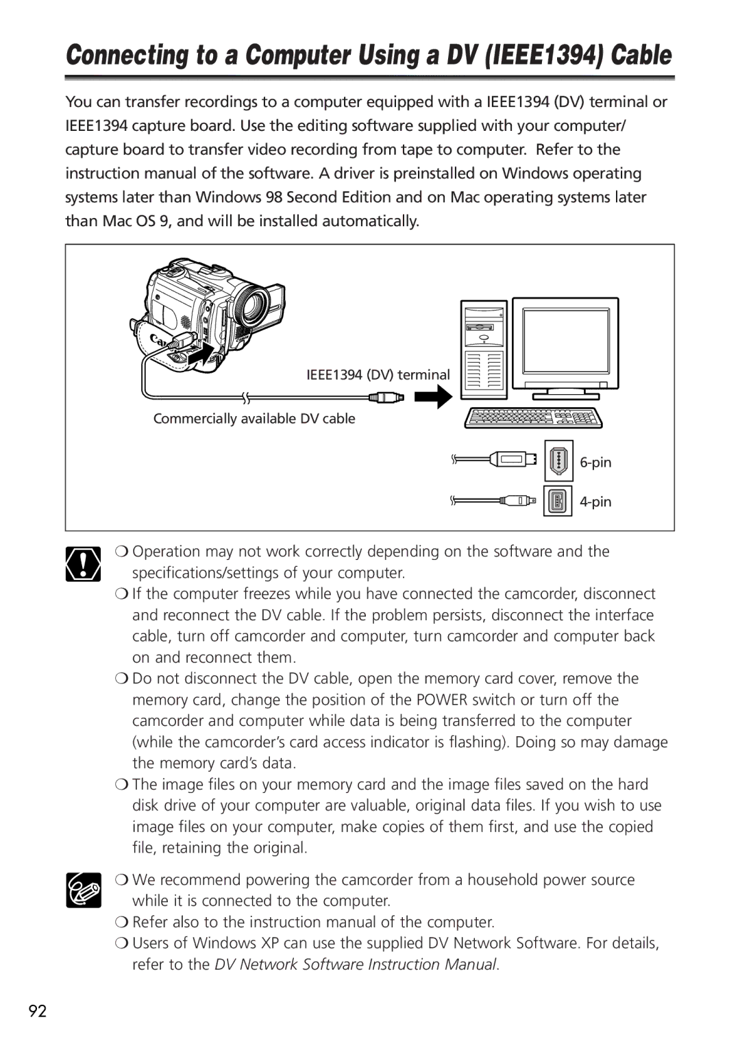 Canon OPTURA40, 9545A001AA instruction manual Connecting to a Computer Using a DV IEEE1394 Cable 