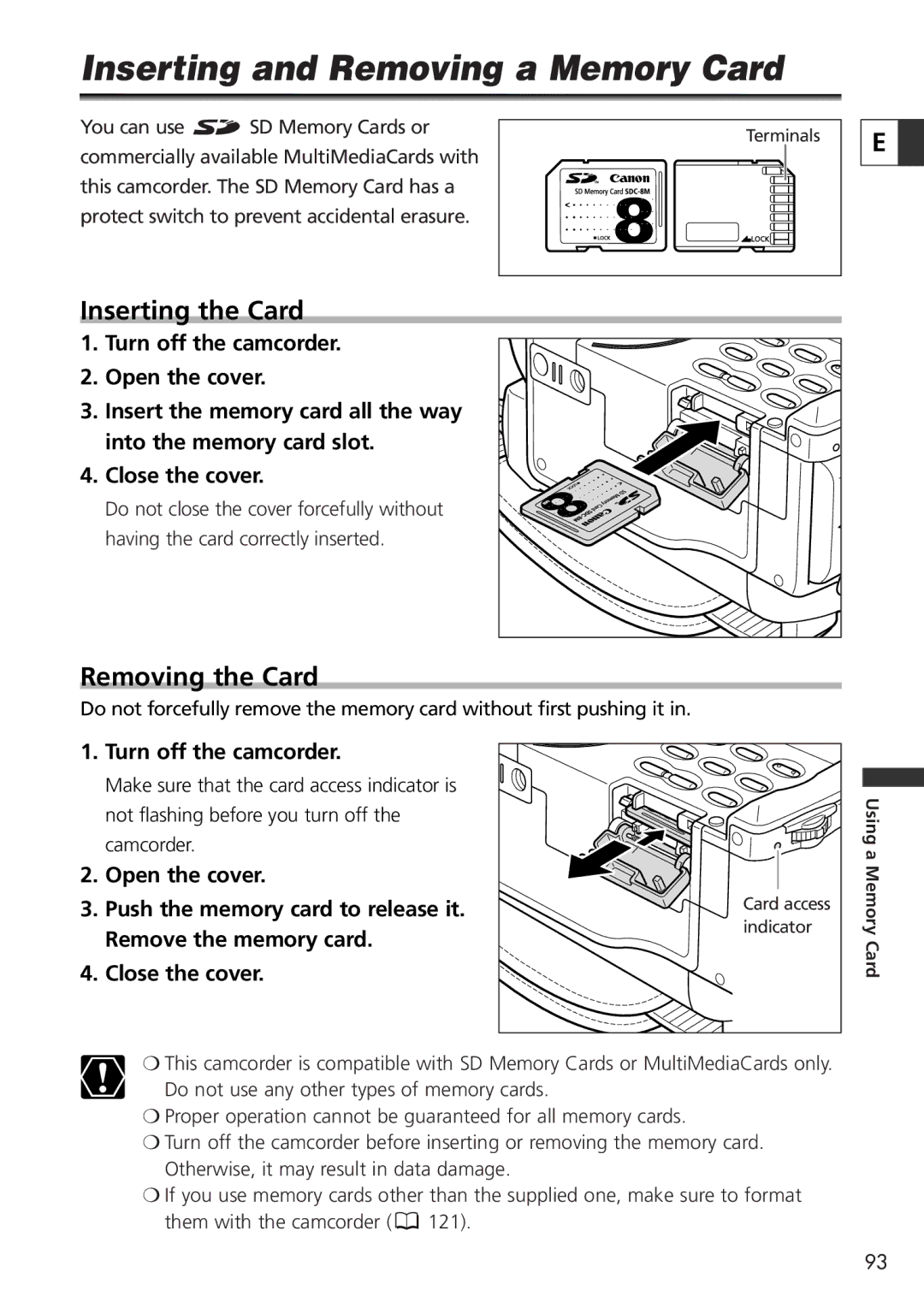 Canon 9545A001AA, OPTURA40 instruction manual Inserting and Removing a Memory Card, Inserting the Card, Removing the Card 