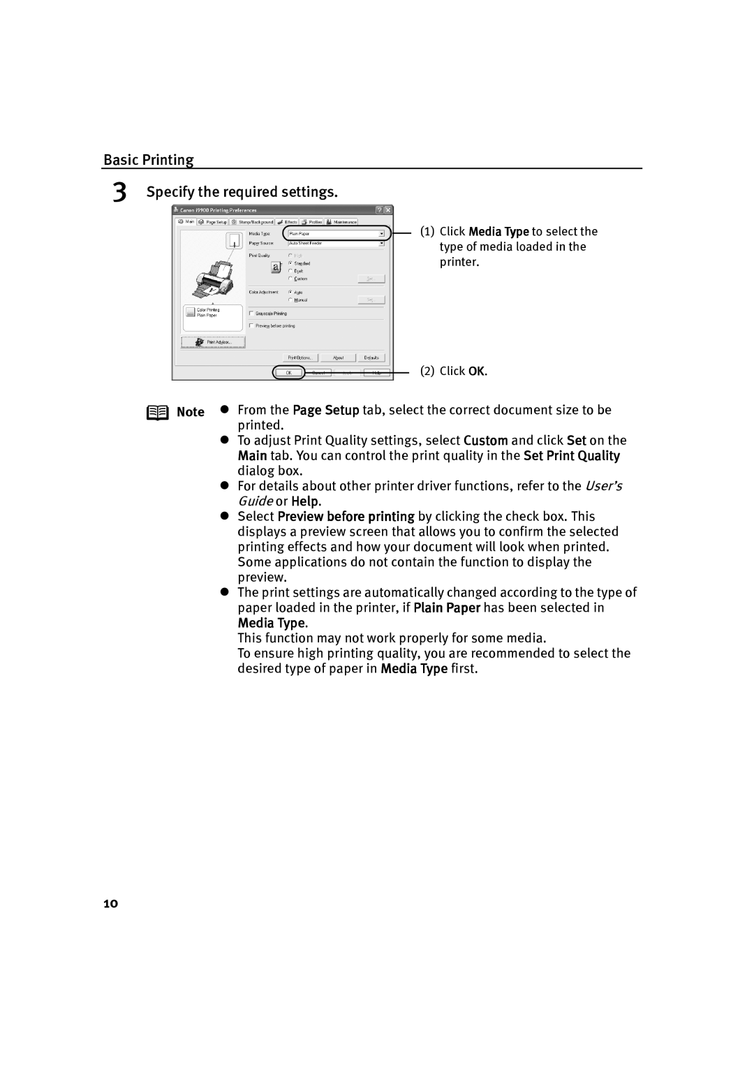 Canon P-I9900-QSG-1203 quick start Basic Printing Specify the required settings 