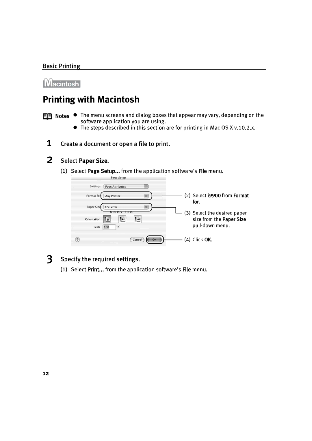 Canon P-I9900-QSG-1203 quick start Printing with Macintosh, Create a document or open a file to print 