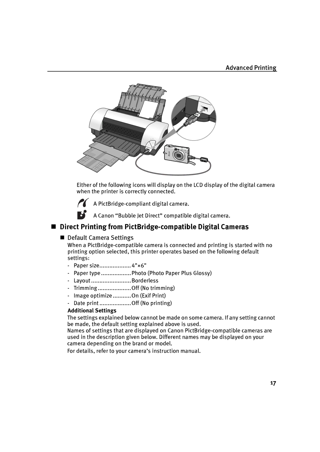 Canon P-I9900-QSG-1203 quick start Direct Printing from PictBridge-compatible Digital Cameras, Default Camera Settings 