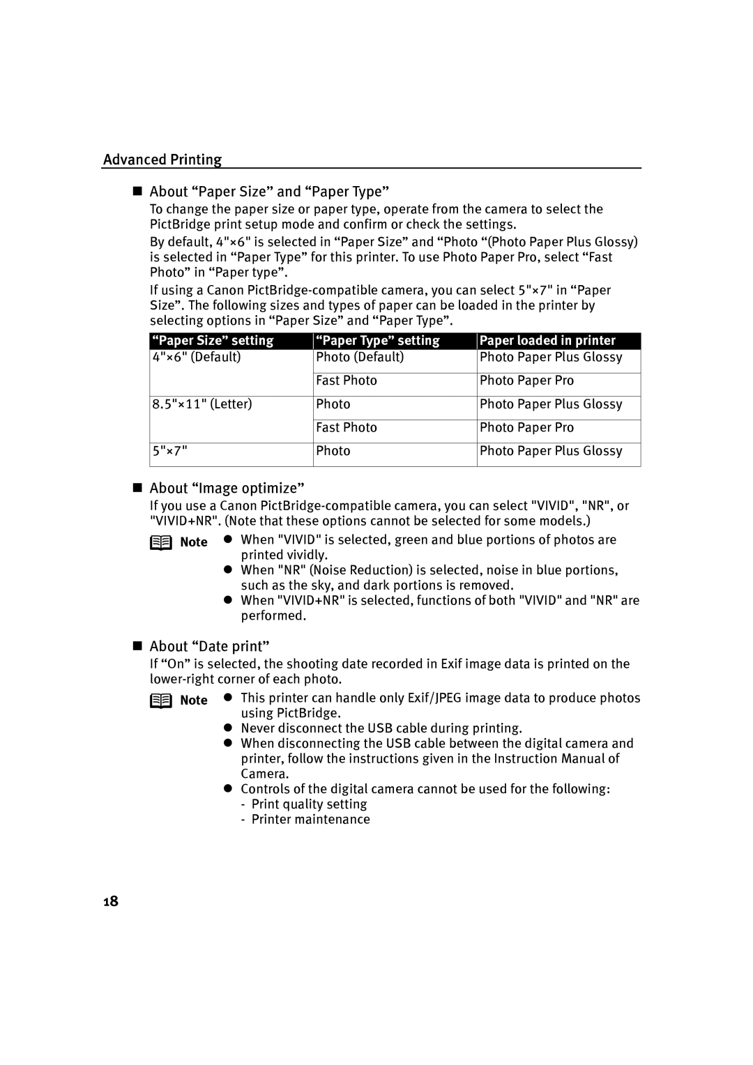 Canon P-I9900-QSG-1203 Advanced Printing About Paper Size and Paper Type, About Image optimize, About Date print 