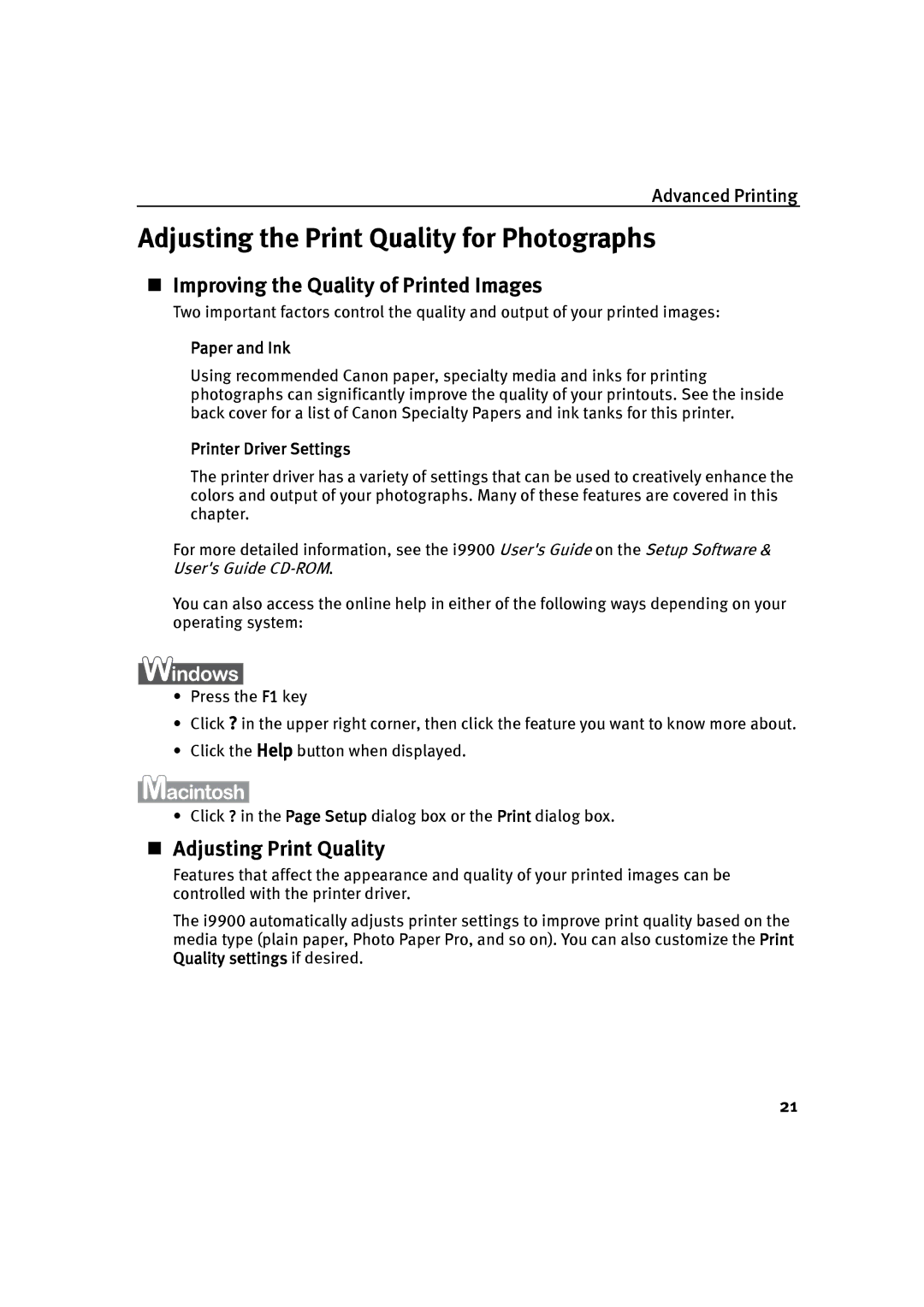 Canon P-I9900-QSG-1203 Adjusting the Print Quality for Photographs, Improving the Quality of Printed Images, Paper and Ink 