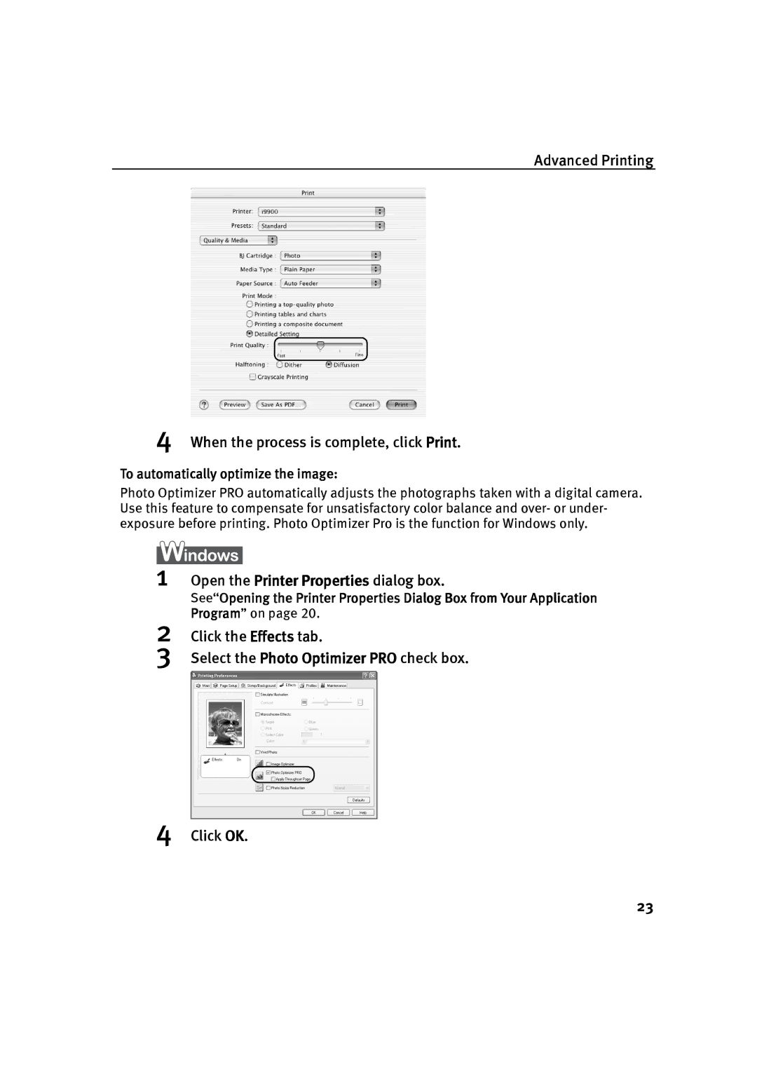 Canon P-I9900-QSG-1203 Advanced Printing When the process is complete, click Print, To automatically optimize the image 